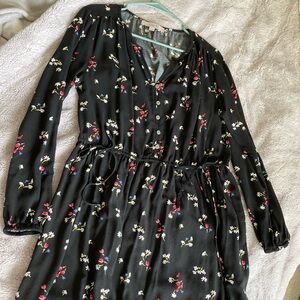 Loft Tie Waist Black Floral Long Sleeve Dress
